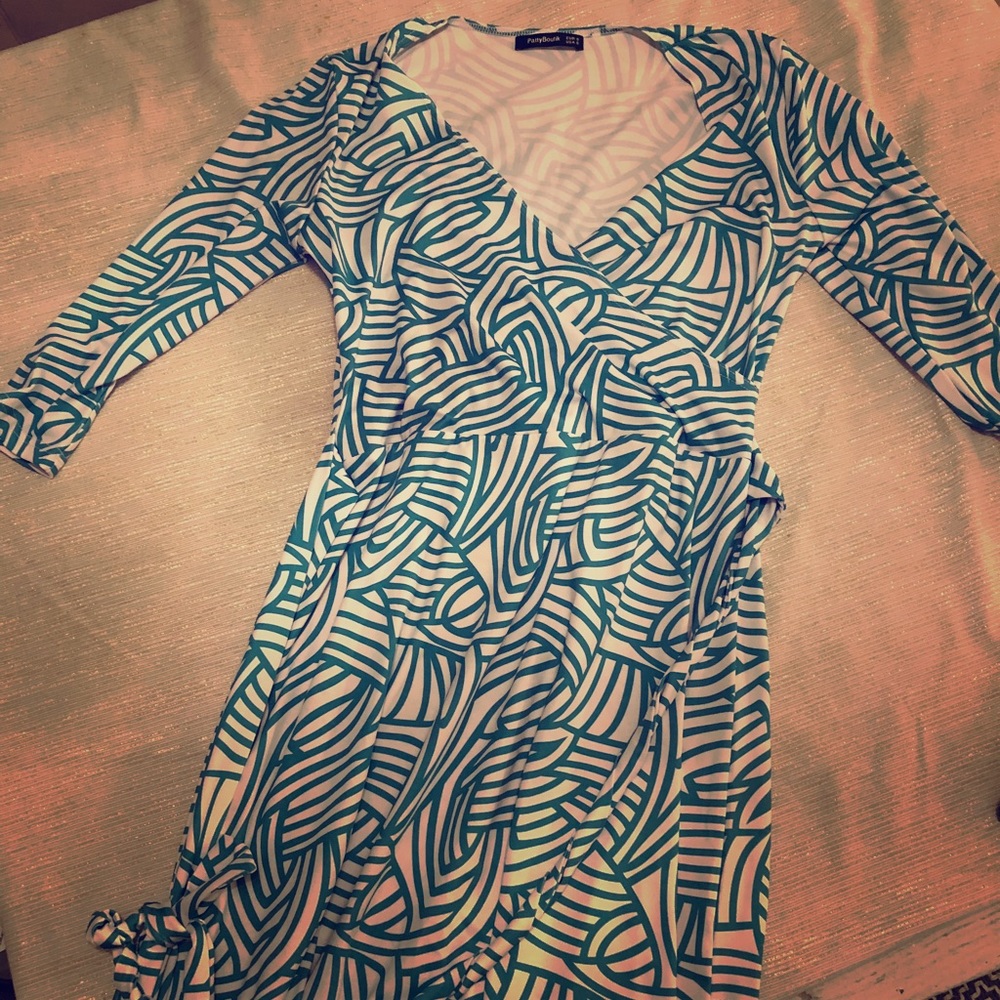 Teal blue and white wrap dress